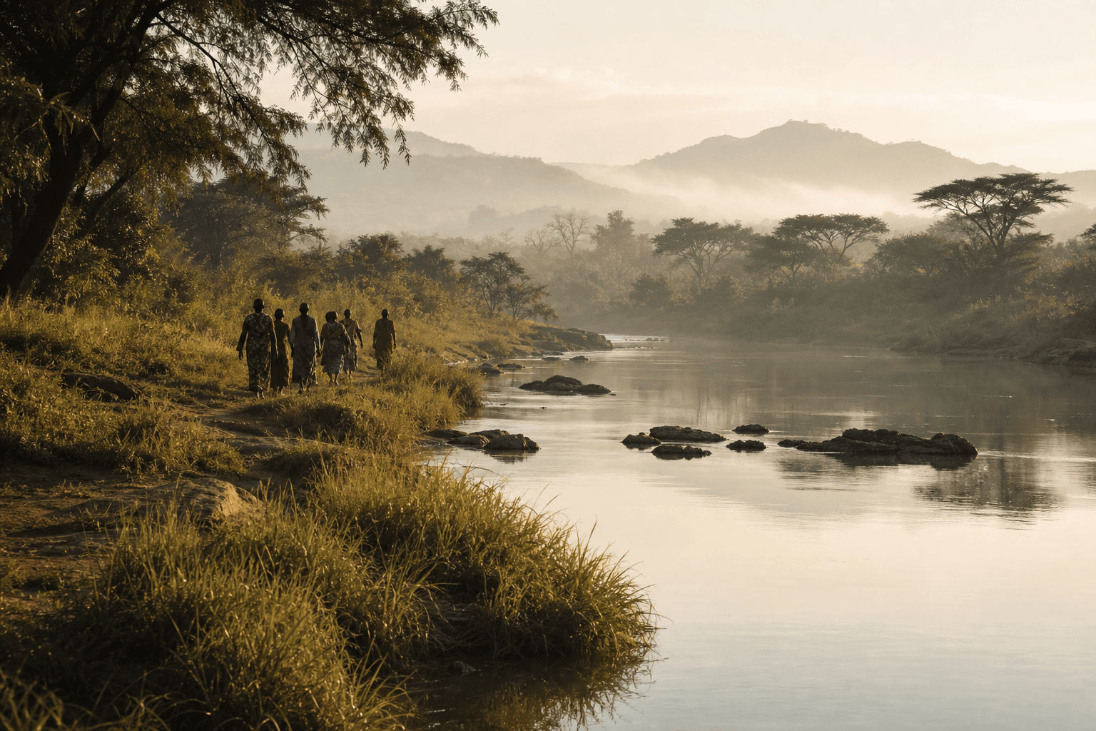 River landscape at dawn with people along the bank