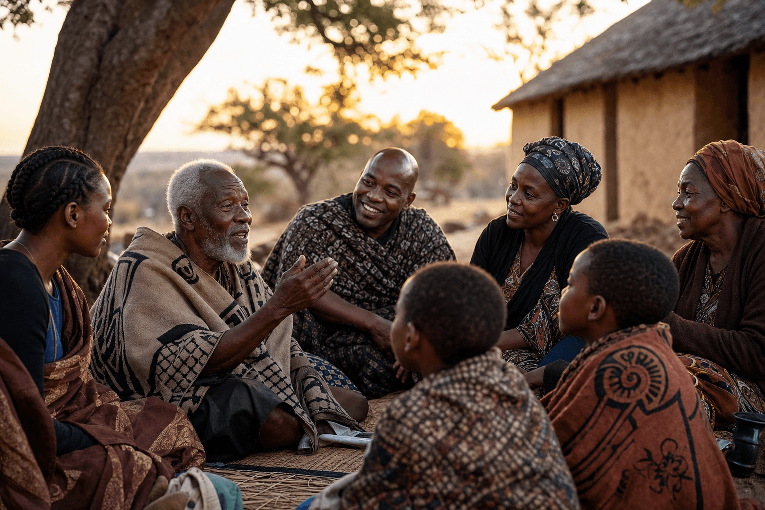 Family circle sharing stories at sunset
